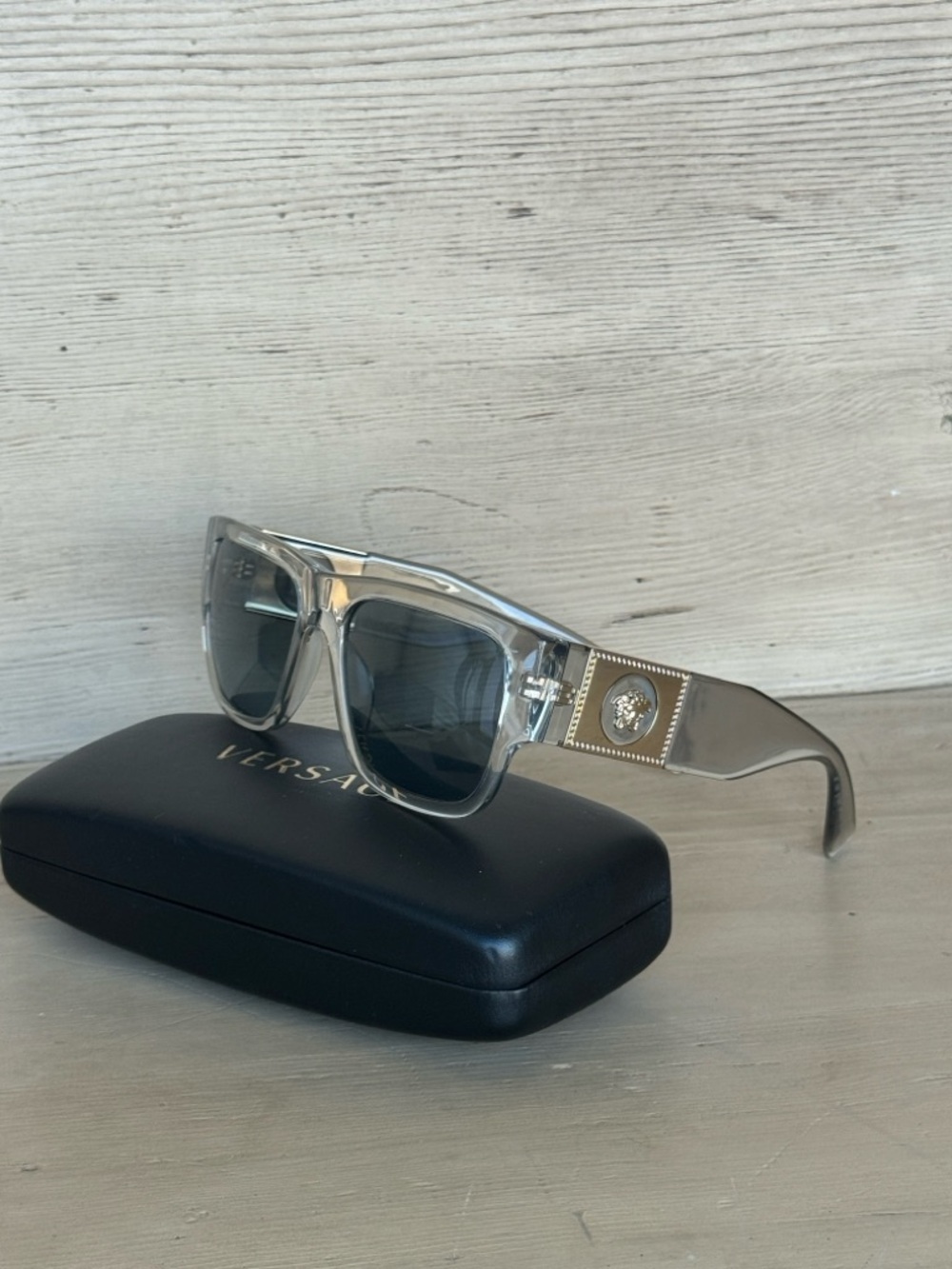 Versace Crystal Grey Transparent Sunglasses with Gold Medusa Accents